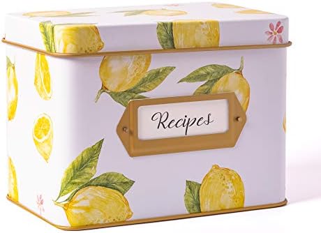 Heart & Berry Lemon Recipe Box with 24 4x6 Recipe Cards and 12 Dividers -Recipe Tin for 4 X 6 Inches Recipe Cards