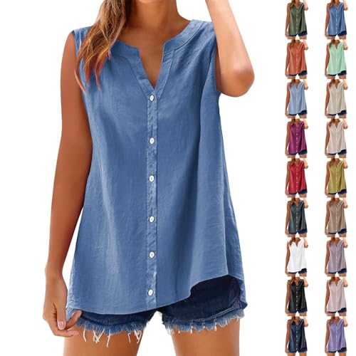 Camiseta de tirantes para mujer, informal, sin mangas, de algodón y lino, monocolor, para verano, cuello en V, con botones, para playa, sexy, sin mangas, blusa holgada, Blanco, M