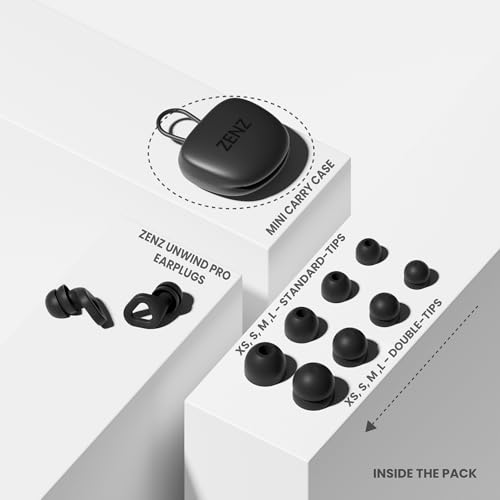 Image of Zenz Unwind Pro Ear Plugs for Sleeping, Soft Silicone Reusable Earplugs for Snoring, Yoga, Reading, Focus & Travel, 35dB Noise Reduction, 4 Sizes XS /S /M /L, Secure Fit with Case (Onyx Black, One Size)