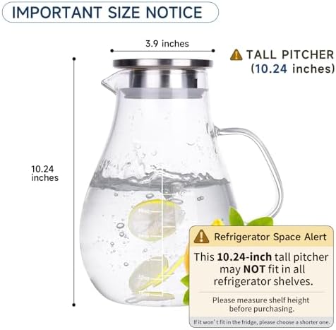 Glass Pitcher, Glass Water Pitcher with Tight Stainless Steel Lid, 108oz/3.2L, Heat Resistant Borosilicate Glass Carafe, Long Handle Cleaning Brush and Mixing Spoon, Temperature Safe