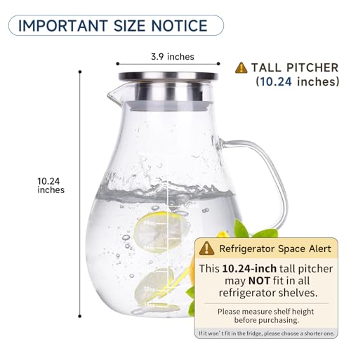 Vekonn Glass Pitcher, Glass Water Pitcher with Tight Stainless Steel Lid, 105.5oz/3L Heat Resistant Borosilicate Glass Carafe, Temperature Safe