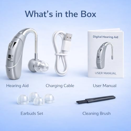 Image of Rechargeable Digital BTE Hearing Aid for Old Age with Type-C Charging for Severe to Profound Hearing Loss - Volume Control | Noise Reduction | Comfort Fit for Adults & Seniors (6 Month Warranty) (Silver, For Both Ear)