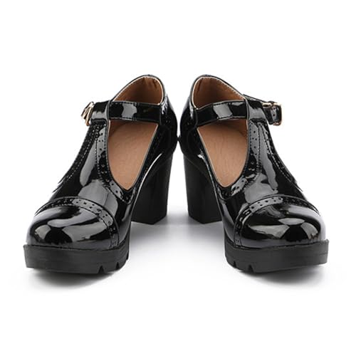 Women's Platform Chunky Heel T-Strap Mary Jane Pumps Shoes Retro Round-Toe Patent Leather Mid Block Heel Brogue Shoes Classic Dress Oxfords Shoes2