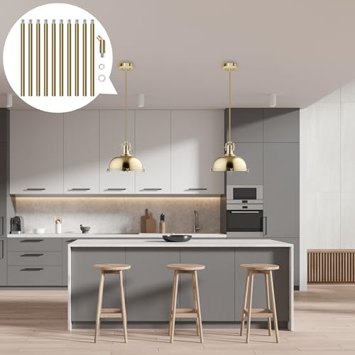 Image of 10 Pieces 12-inch Extension Poles M10 Threaded Lighting Fixture Downrods Stems & 180 Degrees Sloped Ceiling Adapter Kits for Pendant Light, Island Lighting, Chandeliers (Brass) (Pack of 3)