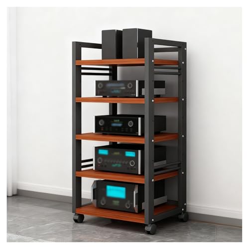 Estante de audio ajustable de 55 x 40 x 100 cm, torre multimedia de madera HiFi, soporte estéreo móvil con estantes ajustables en altura para centro de entretenimiento en el hogar (marrón)