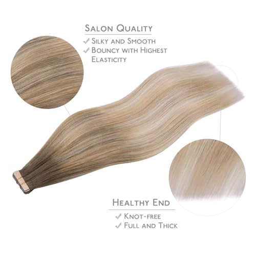 Image of WENNALIFE Tape in Hair Extensions Human Hair, 20pcs 30g 10 inch Balayage Sandy Brown to Platinum Blonde Remy Hair Extensions Straight Human Hair Tape in Extensions Skin Weft Tape Extensions Human Hair
