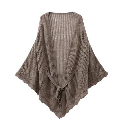 LIUYUYOUGO Chal Mujer Fiesta Poncho De Lana A Crochet Para Mujer Chal Y Capas De Punto Calado Elegante Capa Ligera Con Lazo Frontal Cárdigan Con Borde Festoneado Capa Larga Para Otoño E Invierno I