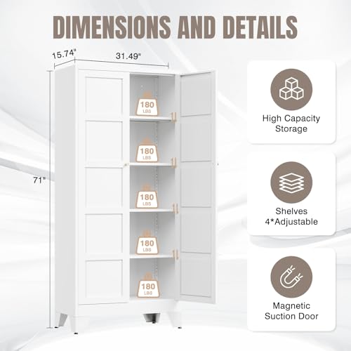 Image of Yizosh Metal Storage Cabinet with 2 Doors and 4 Adjustable Shelves,- 71 inch White Kitchen Pantry Storage Cabinet for Kitchen,Dining Room,Living Room