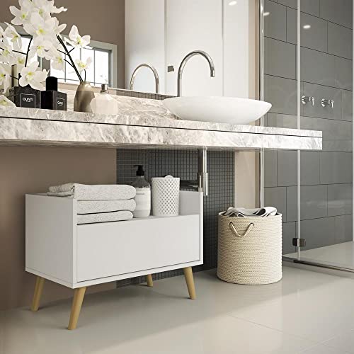Gabinete Armário Banheiro 60 cm c/Pés Retrô Multimóveis Branco/natural