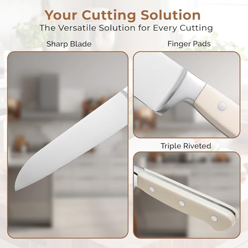 Image of HomeEssentials 4-Piece Knife Set: Ultra-Sharp High-Carbon Stainless Steel Chef, Nakiri & Paring Knives + Multi-Purpose Shears Ergonomic Cream Triple-Rivet Handles for Precise Slicing & Dicing