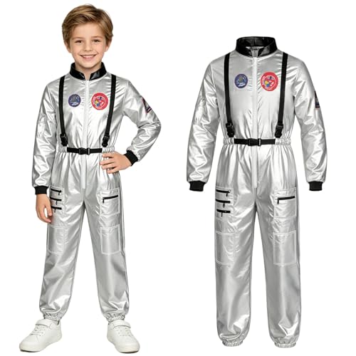 AUYAO Déguisement Astronaute Enfant, 1Pcs Costume D'astronaute Argentée Enfant, Costume de Fantaisie Combinaison Spatiale, Garçons Filles pour Anniversaire Halloween Cosplay Carnaval, L