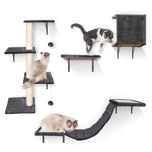 Thihome Kletterwand Katzen, Katzen Kletterwand Set, Katze Wandelemente, 10-Teiliges Stabiler Katzenmöbel mit Hängebrücke, Katzenhängematte,...
