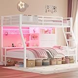 BTHFST Bunk Bed Twin Over Twin with 4 Storage Drawers & Shelves & Bedside Caddy, Twin Bunk Beds with Charging Station & LED Lights, Metal Loft Bed with Safety Guardrail & Angled Ladder for Kids, White