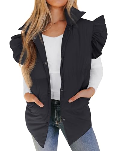 Gihuo Women's Ruffle Sleeve Puffer Vest Winter Padded Vests Outerwear Button Down Sleeveless Quilted Jackets