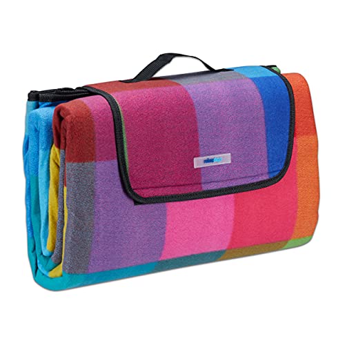 Relaxdays Picknickdecke XXL, 200 x 200 cm, Fleece Stranddecke, wärmeisoliert, wasserdicht, mit Tragegriff, bunt kariert, schwarz-rot