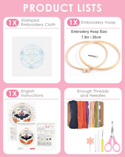 Image of TINDTOP Halloween Embroidery Kit for Adult, Embroidery DIY Starter Kit, with Stamped Patterns, Hoop, Tools, Colorful Threads with Needles, Instructions (Halloween D)