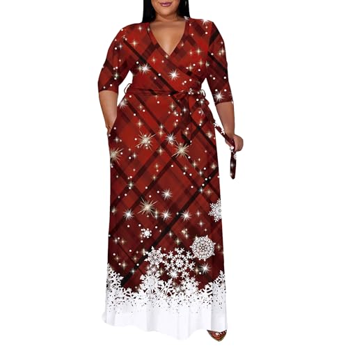 Image of Runwind Plus Size Dress for Women - 3 /4 Sleeve V Neck Maxi Dresses for Women (XL-6XL)