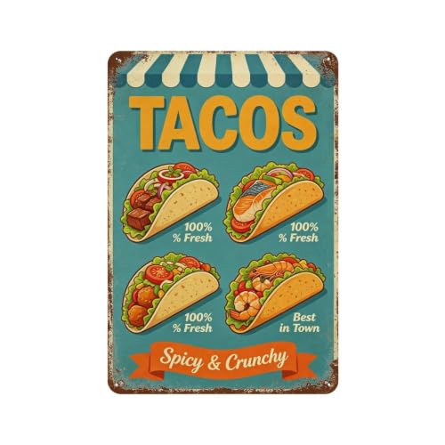 Vintage Tacos Tin Sign - Spicy and Crunchy Cantina - Decorative Metal Wall Art for Kitchen Bar