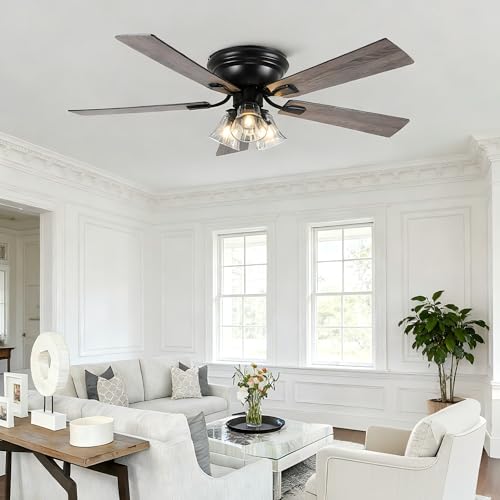 Image of 52 inch Flush Mount Vintage Ceiling Fan with Lights and Remote Control, Farmhouse Rustic Ceiling Fan Low Profile Fandelier Chandelier for Bedroom Living Room Kitchen, 3 E26 Bulbs (Not Included)