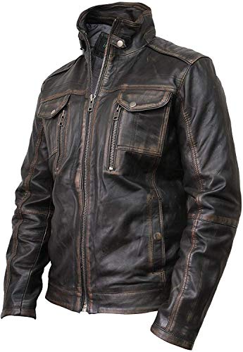 BRANDSLOCK Mens Distressed Genuine Leather Biker Jacket Vintage