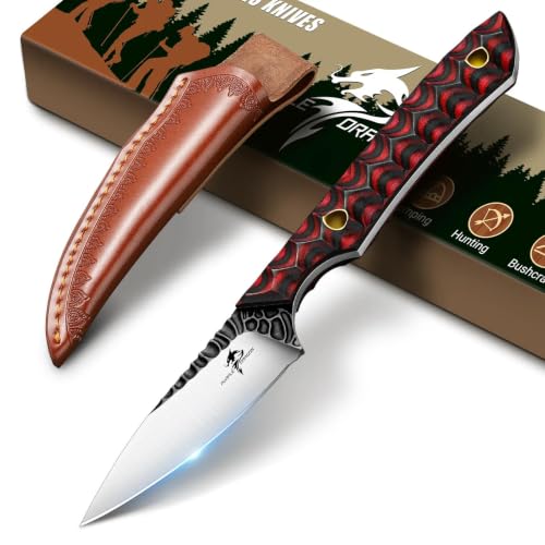 Purple Dragon Hunting D2 Steel Small Fixed Blade Knife with Leather Sheath