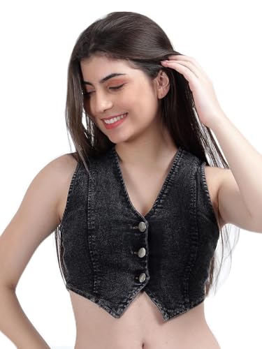 Image of DRAPE AND DAZZLE Stylish Denim Jacket |Casual Wear Jacket | Trending Crop Waistcoat Jacket for Women DD-097