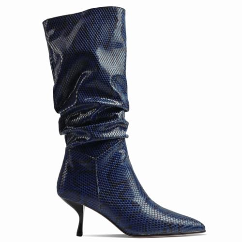 SHODENSE Women Low Kitten Heel Slouch Mid Calf Boots Pointed Closed Toe Wide Calf Western Boots Pull On 2" Thin Heel Tall Crocodile Snakeskin Dress Boots Long Pleated ladies Retro Spring 4-11 M US2
