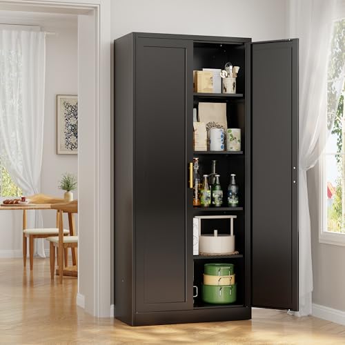 Image of Metal Kitchen Pantry Cabinet, 71 inchH x 28 inchW x 14 inchD Cabinet with 2 Doors and 4 Adjustable Shelves, Kitchen Pantry Storage Cabinet, Metal Pantry Cabinet for Kitchen, Dining Room, Living Room-Black
