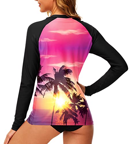 Aobute Women Tropical Rash Guard With Thumb Holes Spf 50 Swim Top Hawaiian Beach Surf Shirt Coconut Tree Pink M #TOP5