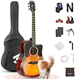 Fesley X Acoustic Guitar Kit, 41 Inch Full Size 6 String Cutaway Guitarra Acústica for Beginner Adults with Tuner, Gig Bag, Strap, Steel Strings, Capo, Pickguard, Picks, FD60C, Sunburst