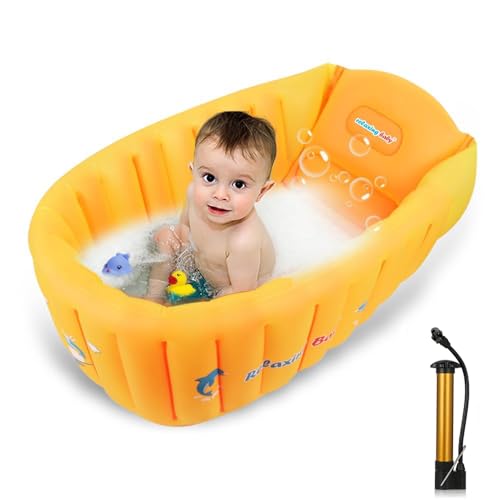 Image of | Inflatable Baby Bathtub,Newborn Bathtub Seat for Infant,Non-Slip Baby Pool for Sitting up,Foldable Toddler Tub Shower,Portable Travel Bath for Kids 0-6 Year (Orange, Animal Print)