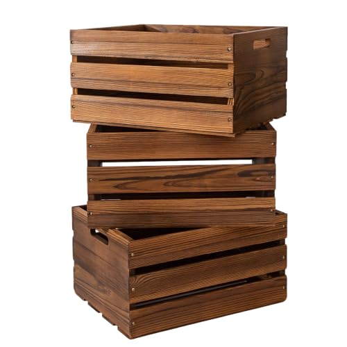 Set of 3 Rustic Wooden Crates with Handles, Dark Brown Wood Storage Crates