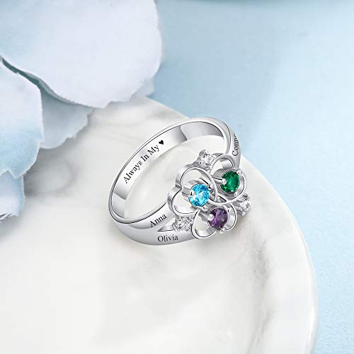 Lovejewelry Personalized 925 Sterling Silver Mothers Rings with 3 Simulated Birthstones 3 Names Custom Flower Promise Ring Engraved Heart Rings for Women4