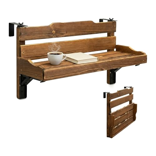 Zononoca Folding Balcony Railing Table Solid Wood Balcony Hanging Table Railing Plant Holder Balcony Bar Table Furniture for Apartment Patio Deck