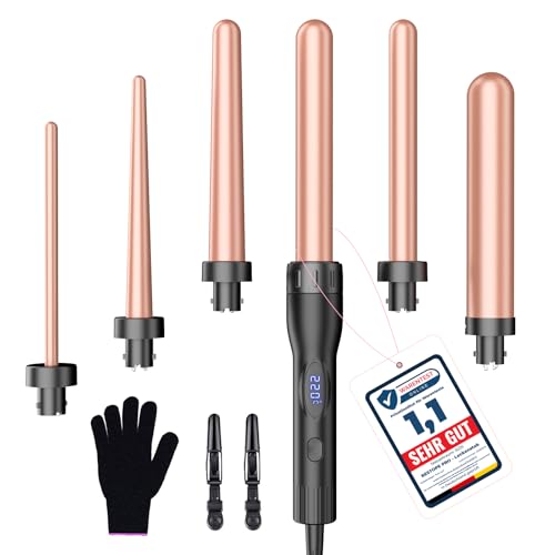 Ferro arricciacapelli grandi e piccoli set di ricci con temperatura regolabile – 6 in 1 con diversi accessori in ceramica antistatica rivestimento tormalina, ferro ondulato per Beach Waves