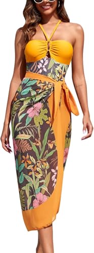 Image of AARAM Stylish Premium Women's One Piece Swimsuit with Cover Ups Wrap Skirt Sarong Retro Floral Print Monokini Tummy Control Swimwear, Printed Swimming Costume for Women Beach Wear