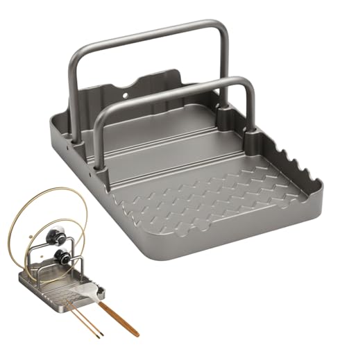 MiOYOOW Supporto per Coperchio di Pentola in Alluminio, Porta Coperchi Antiscivolo con Poggia Cucchiaio, Organizer Regolabile da Cucina per Teglie da Forno, Pentole, Piano Cottura, Barbecue
