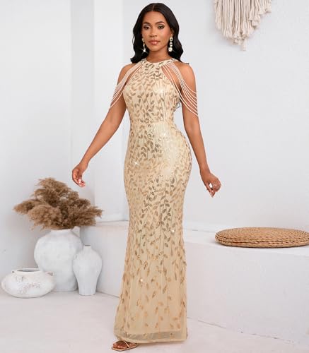 Image of Cololura Women Sexy Elegant Sequin Tassel Off Shoulder Halter Bodycon Maxi Dress Party Evening Gown Formal Dress
