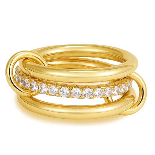 Gold Stackable Rings for Women Non Tarnish, 18K Gold Plated CZ Cubic Zircon Mixed Metals Multi Stack Rings Set Gold Jewelry