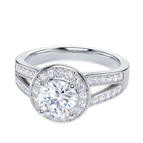 THELANDA 1CT Genuine Moissanite or Simulated Diamond Sterling Silver Split Shank Classic Large Halo Promise Engagement Ring For Women3