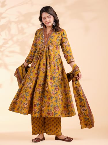 Image of Vbuyz Women Floral Print With Mirror Work Cotton Kurta Palazzo With Dupatta