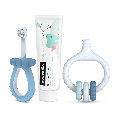 Suavinex, Set Inicio Cuidado Dental, Incluye: Cepillo de Dientes para Bebés + Masajeador Encías + Pasta de Dientes para Bebés, para Regalar, Mangos Ergonómicos, Uso Diario, +0 Meses, Azul