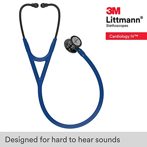 Image of 3M Littmann Cardiology IV Diagnostic Stethoscope, 6202, More Than 2X as Loud, Weighs Less, Stainless Steel High Polish Smoke-Finish Chestpiece, 27 inch Navy Tube, Blue Stem, Black Headset (Pack of 3)