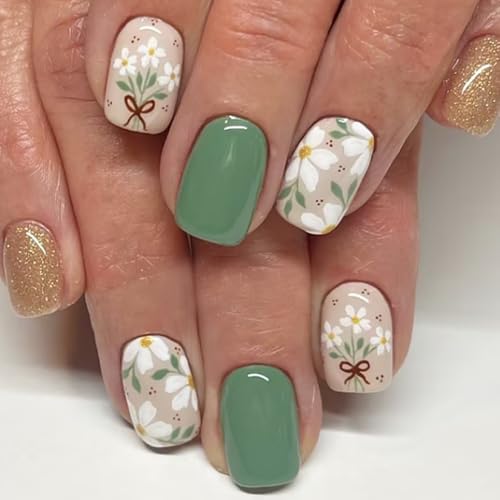 Summer Press on Nails Short Stick on Nails Flowers Daisy Design F...