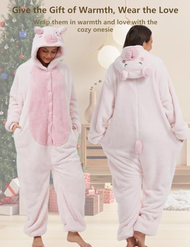 chuangminghangqi Einteiliger Schlafanzug Damen Lang Winter Einteiler Tierkostüm Erwachsene Kostüm Jumpsuit Damen Kuschelig Pyjama Fleece Onesie Kleidung Mit Kapuze(Rosa,L)