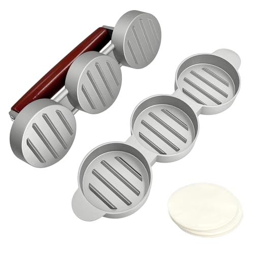 Burger Press Patty Maker Set With 100 Non-Stick Papers - 3X2.5 Inch Mold For Making Three Mini Patties At Once - Perfect For Sliders, Bbq, Picnic, Camping - Easy To Use & Clean