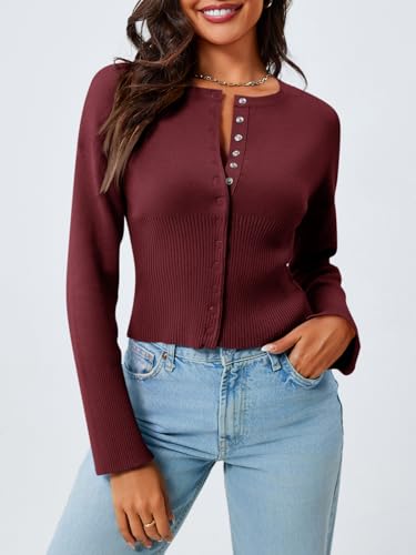 Image of Saodimallsu Womens Cropped Sweaters Cardigan | Button Down,Long Sleeve,V Neck,Ribbed Knit,Slim Fit ,Pullover Crop Tops