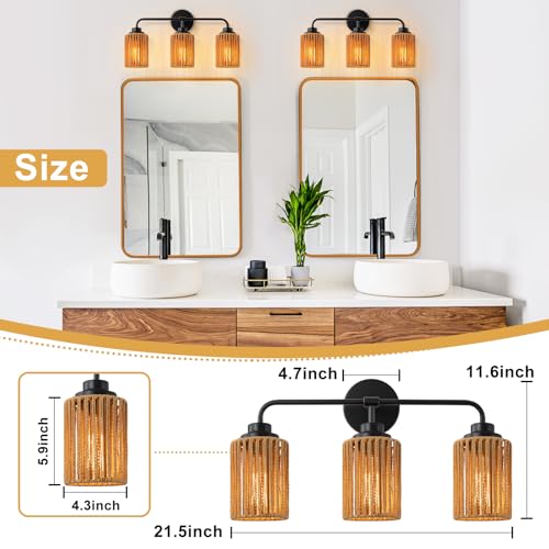 Image of 3-Light Bathroom Vanity Light Fixtures, Rattan Bathroom Lighting Fixtures Over Mirror with Wicker Lampshades, Boho Rustic Style Wall Sconce for Living Room, Bedroom
