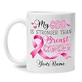 My God Is Stronger Than Breast Cancer Mug, Personalized Christian Support Faith White Coffee Mug, Custom Pink Ribbon Cup for Women Mom Wife Daughter, Inspirational Encouragement Ceramic Cup 11oz 15oz