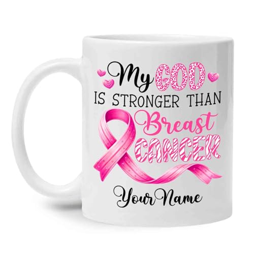My God Is Stronger Than Breast Cancer Mug, Personalized Christian Support Faith White Coffee Mug, Custom Pink Ribbon Cup for Women Mom Wife Daughter, Inspirational Encouragement Ceramic Cup 11oz 15oz